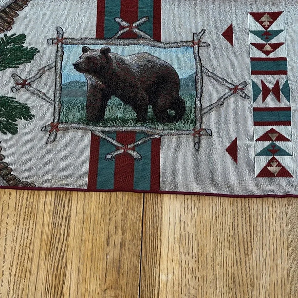Rustic Retreat  Wildlife Tapestry Table Runner Deer Bear Salmon Geometric USA - Picture 5 of 12